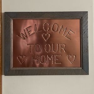 Wood Sign Custom made home decor‎ Welcome to our Home copper tin trim Oak New